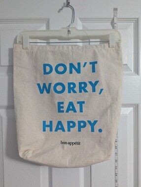 "Don't Worry, Eat Happy" Natural Canvas Tote with Blue Print